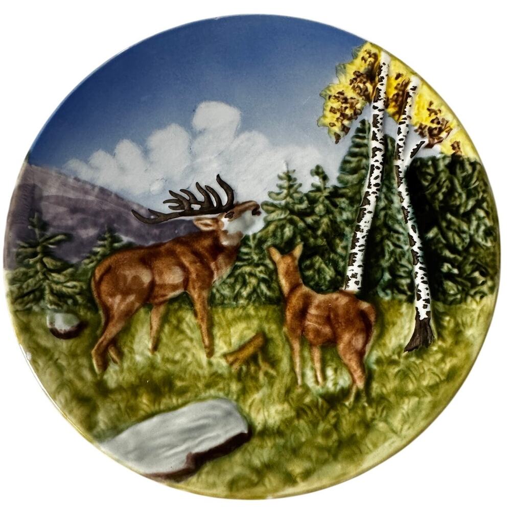 Vintage Majolica German Porcelain Plate Caribou Deer Wall Hanging